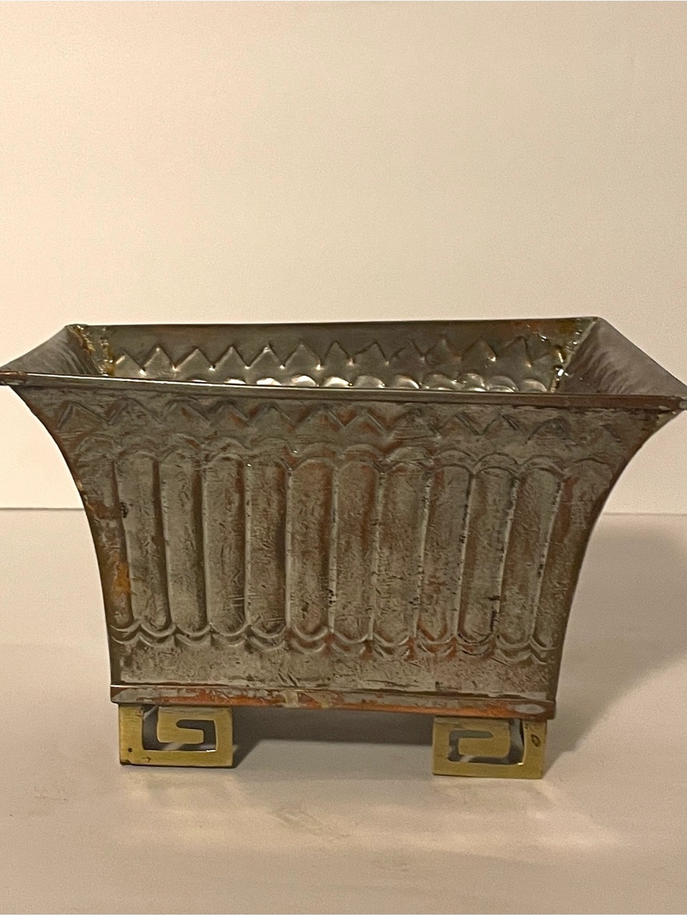 VTG Chinoiserie Jardiniere Planter 6.5”-Nickel Over Copper, Brass Greek-Key Feet